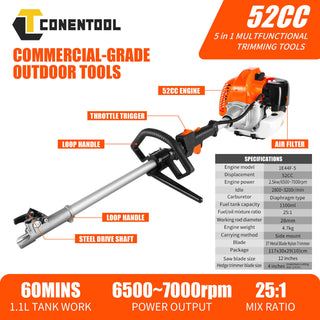 CONENTOOL 52CC 2-Cycle Gas Weed Eater, Multifunctional 5 in 1 Gas Weed Wacker, Upgraded 2.2KW/11000rpm Strong Power Brush Cutter