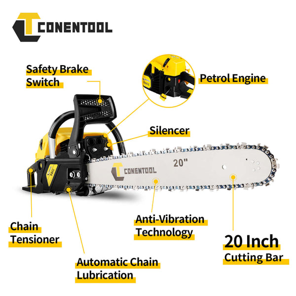 Conentool 2.2kW 2-Stroke 52CC Engine Petrol Chainsaw, With 20-inch Metal Chainsaw Blade And 550ml Large Capacity Fuel Tank
