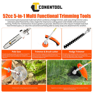 CONENTOOL 52CC 2-Cycle Gas Weed Eater, Multifunctional 5 in 1 Gas Weed Wacker, Upgraded 2.2KW/11000rpm Strong Power Brush Cutter