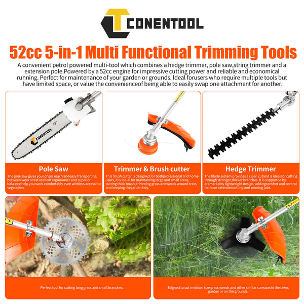 CONENTOOL 52CC 2-Cycle Gas Weed Eater, Multifunctional 5 in 1 Gas Weed Wacker, Upgraded 2.2KW/11000rpm Strong Power Brush Cutter