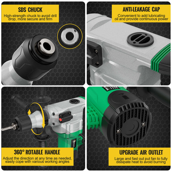 CONENTOOL 1600W Power Motor SDS Hammer Drill, 1000 r/min Heavy Duty Corded Electic Dills, 360 ° Rotary Hammers
