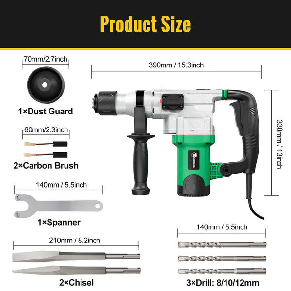 CONENTOOL 1600W Power Motor SDS Hammer Drill, 1000 r/min Heavy Duty Corded Electic Dills, 360 ° Rotary Hammers