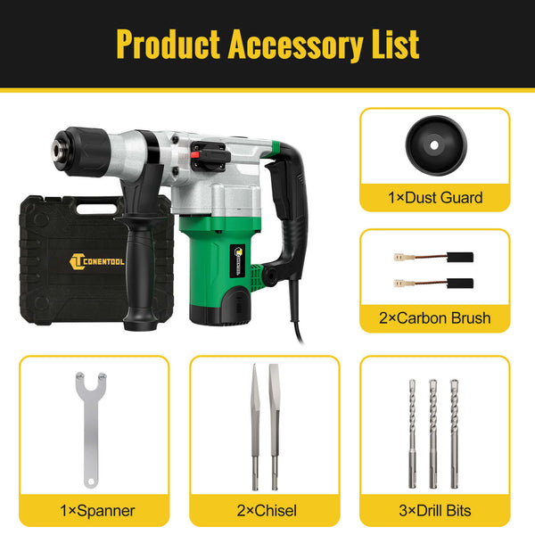 CONENTOOL 1600W Power Motor SDS Hammer Drill, 1000 r/min Heavy Duty Corded Electic Dills, 360 ° Rotary Hammers