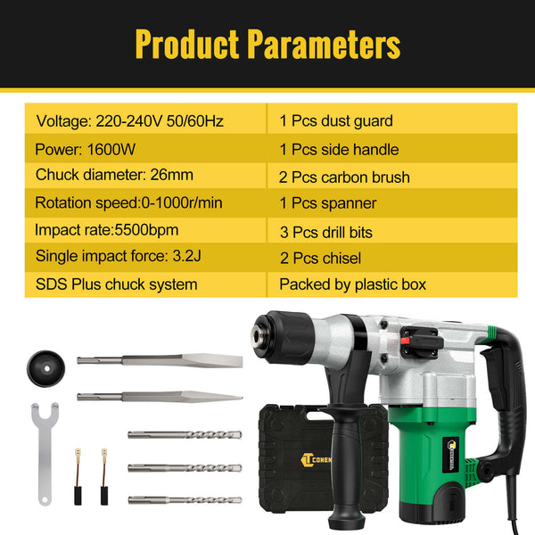 CONENTOOL 1600W Power Motor SDS Hammer Drill, 1000 r/min Heavy Duty Corded Electic Dills, 360 ° Rotary Hammers