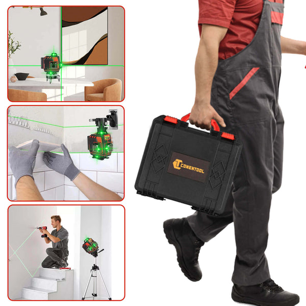 CONENTOOL Cross Line Laser, 4 x 360° Green Self-Levelling Laser Spirit Level, Self-Levelling Line Laser, Remote Control, 2 x 3600 mAh Battery