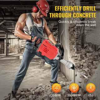 CONENTOOL 3600W Electic SDS Hammer Drill, Concrete Tile Breaker Demolition Heavy Duty, 65J 360 ° Rotary Jack Hammers with 2 Chisel Bits