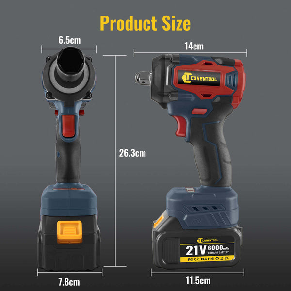 Conentool 520Nm Brushless Impact Wrench High Torque, 2 Power Battery Impact Gun w/ 6.0Ah Battery, Fast Charger, Variable Speeds for Car Tire Truck RV Mower