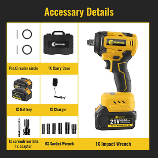 Conentool 520Nm Brushless Impact Wrench High Torque, 2 Power Battery Impact Gun w/ 6.0Ah Battery, Fast Charger, Variable Speeds for Car Tire Truck RV Mower