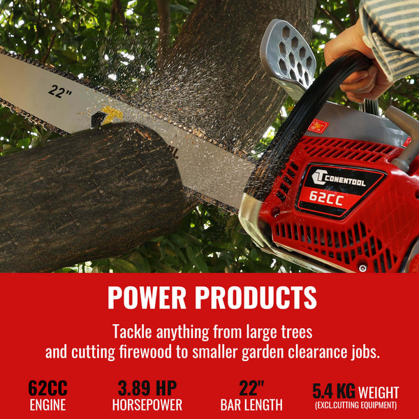 Conentool 2.5kW 2-Stroke 62CC Engine Petrol Chainsaw, With 22-inch Metal Chainsaw Blade And 550ml Large Capacity Fuel Tank