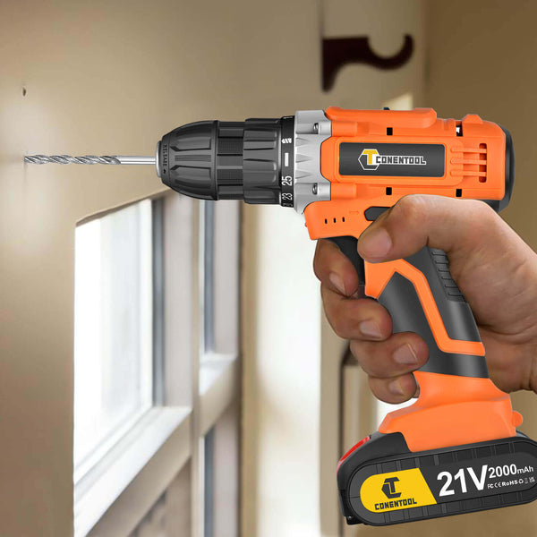 Conentool 21V Drill Driver Set, Electric Screwdriver with 2X 2000mAh Batteries, 45 N.m Max Combi Drill, 25+1 Torque Power Drills