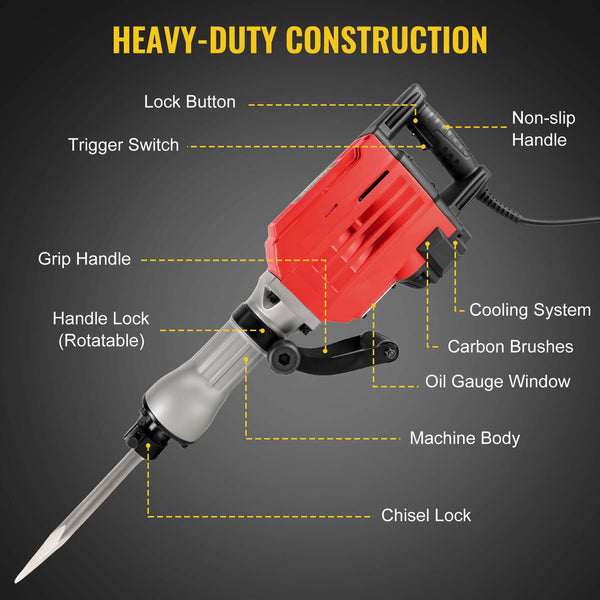 CONENTOOL 3600W Electic SDS Hammer Drill, Concrete Tile Breaker Demolition Heavy Duty, 65J 360 ° Rotary Jack Hammers with 2 Chisel Bits