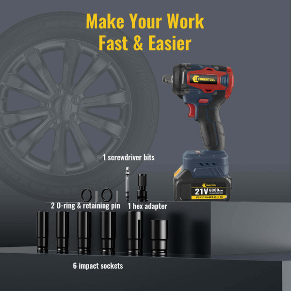 Conentool 520Nm Brushless Impact Wrench High Torque, 2 Power Battery Impact Gun w/ 6.0Ah Battery, Fast Charger, Variable Speeds for Car Tire Truck RV Mower