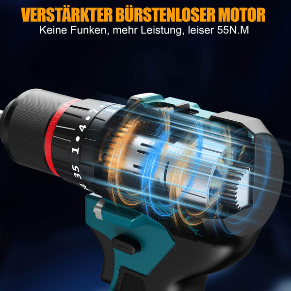 Conentool 21V Brushless Drill Driver Set, Electric Screwdriver with 2X 2500mAh Batteries, 55 N.m Max Combi Drill, 35+3 Torque Power Drills