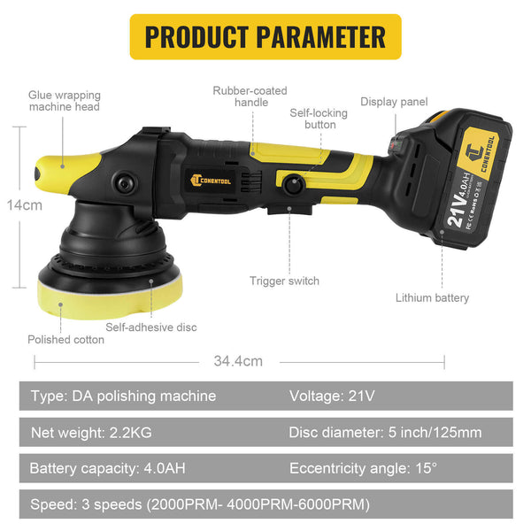 CONENTOOL 900W Buffer Polisher & Polisher Waxer, 3 Variable Speed 2000-6000 RPM, 15° eccentricity