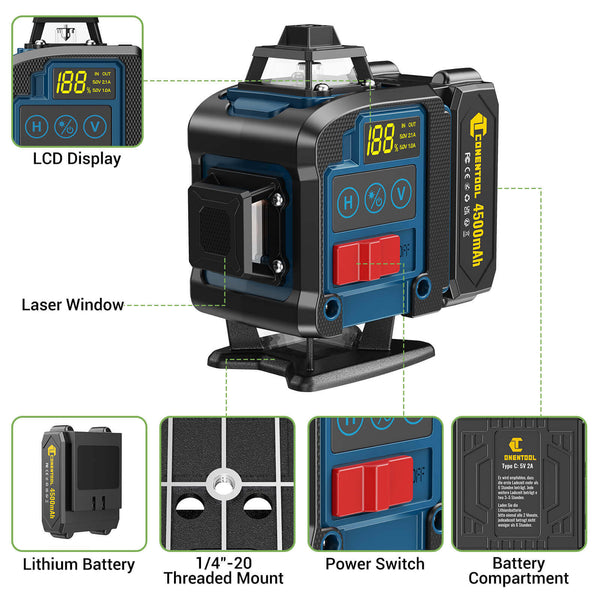 CONENTOOL Cross Line Laser, 4 x 360° Green Self-Levelling Laser Spirit Level, Self-Levelling Line Laser, Remote Control