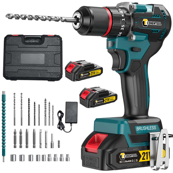 Conentool 21V Brushless Drill Driver Set, Electric Screwdriver with 2X 2500mAh Batteries, 55 N.m Max Combi Drill, 35+3 Torque Power Drills