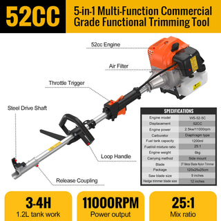 CONENTOOL WS-52-5C 5 in 1 Hedge Trimmer Multi Tool Petrol Strimmer BrushCutter Garden Chainsaw