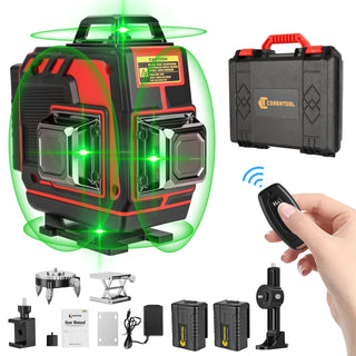 CONENTOOL Cross Line Laser, 4 x 360° Green Self-Levelling Laser Spirit Level, Self-Levelling Line Laser, Remote Control, 2 x 3600 mAh Battery