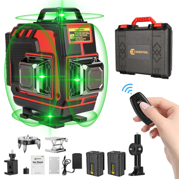 CONENTOOL Cross Line Laser, 4 x 360° Green Self-Levelling Laser Spirit Level, Self-Levelling Line Laser, Remote Control, 2 x 3600 mAh Battery