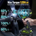 Conentool 520Nm Brushless Impact Wrench High Torque, 2 Power Battery Impact Gun w/ 6.0Ah Battery, Fast Charger, Variable Speeds
