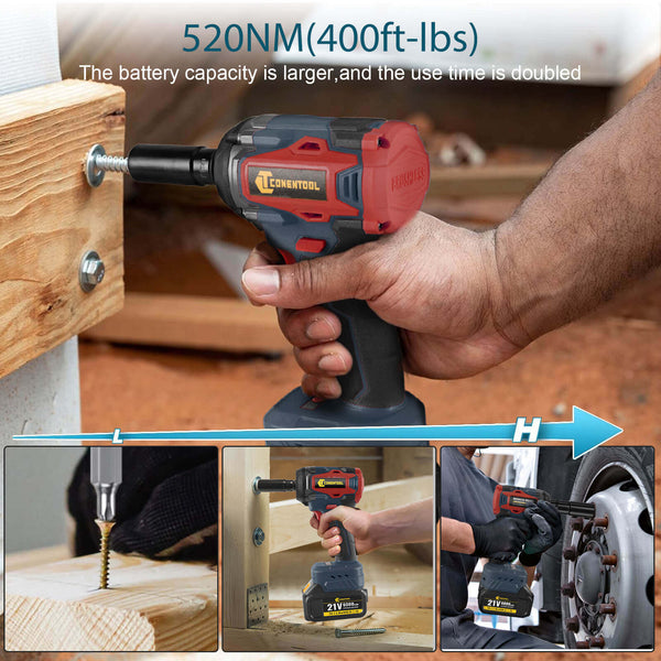 Conentool 520Nm Brushless Impact Wrench High Torque, 2 Power Battery Impact Gun w/ 6.0Ah Battery, Fast Charger, Variable Speeds for Car Tire Truck RV Mower