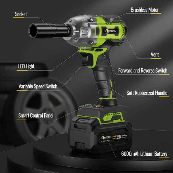 Conentool 520Nm Brushless Impact Wrench High Torque, 2 Power Battery Impact Gun w/ 6.0Ah Battery, Fast Charger, Variable Speeds