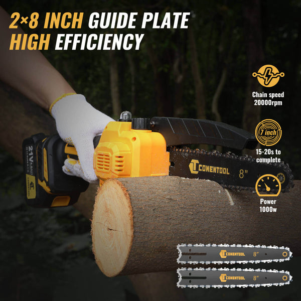 CONENTOOL Mini Chainsaw Cordless 8 Inch, Electric Chainsaw Brushless with 2 Batteries 4.0Ah