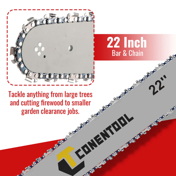 Conentool 2.5kW 2-Stroke 62CC Engine Petrol Chainsaw, With 22-inch Metal Chainsaw Blade And 550ml Large Capacity Fuel Tank