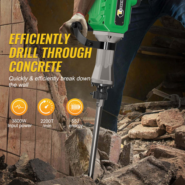 CONENTOOL 3800W Electic SDS Hammer Drill, Concrete Tile Breaker Demolition Heavy Duty, 55J 360 ° Rotary Jack Hammers with 2 Chisel Bits