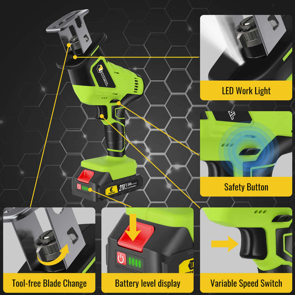 CONENTOOL Reciprocating Saw, 0-3000 RPM Cordless Electric Reciprocating Saw, 15mm Cutting Width, Tool-Free Blade Change