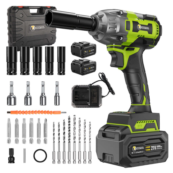 Conentool 520Nm Brushless Impact Wrench High Torque, 2 Power Battery Impact Gun w/ 6.0Ah Battery, Fast Charger, Variable Speeds
