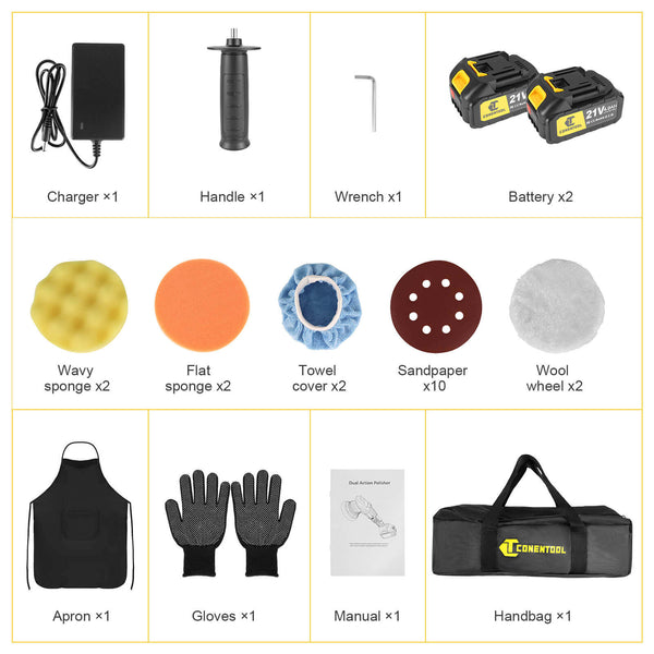 CONENTOOL 900W Buffer Polisher & Polisher Waxer, 3 Variable Speed 2000-6000 RPM, 15° eccentricity