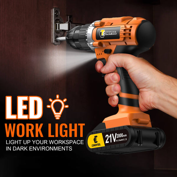 Conentool 21V Drill Driver Set, Electric Screwdriver with 2X 2000mAh Batteries, 45 N.m Max Combi Drill, 25+1 Torque Power Drills
