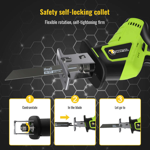 CONENTOOL Reciprocating Saw, 0-3000 RPM Cordless Electric Reciprocating Saw, 15mm Cutting Width, Tool-Free Blade Change