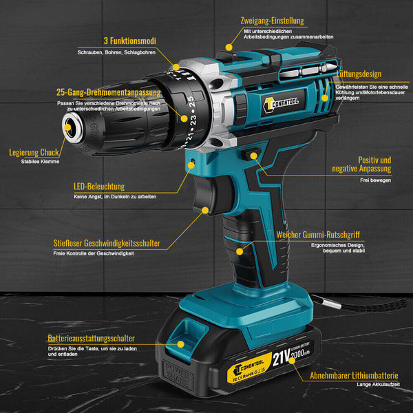 Conentool 21V Cordless Drill Driver Set, Electric Screwdriver with 2X 2000mAh Batteries, 45 N.m Max Combi Drill, 25+3 Torque Power Drills
