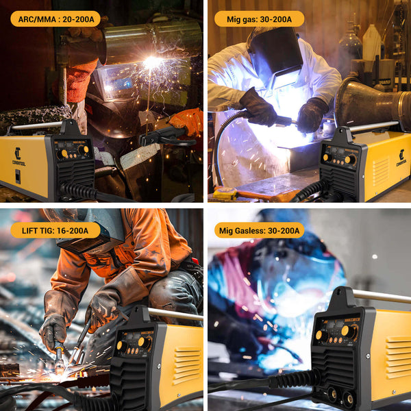 CONENTOOL 220V/200A High Output Portable Welder supports gas MIG, Gasless MIG, MMA, And TIG