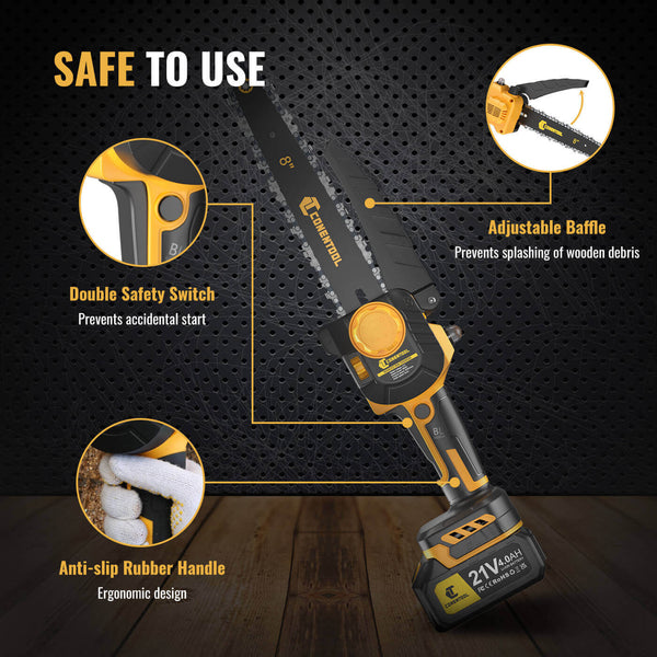CONENTOOL Mini Chainsaw Cordless 8 Inch, Electric Chainsaw Brushless with 2 Batteries 4.0Ah