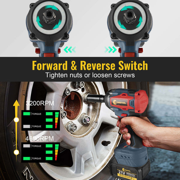 Conentool 520Nm Brushless Impact Wrench High Torque, 2 Power Battery Impact Gun w/ 6.0Ah Battery, Fast Charger, Variable Speeds for Car Tire Truck RV Mower
