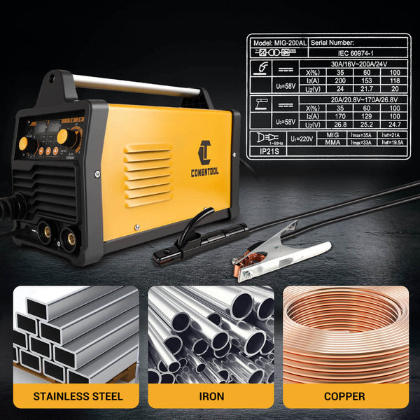 CONENTOOL 220V/200A High Output Portable Welder supports gas MIG, Gasless MIG, MMA, And TIG