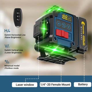 CONENTOOL Cross Line Laser, 4 x 360° Green Self-Levelling Laser Spirit Level, Self-Levelling Line Laser, Remote Control
