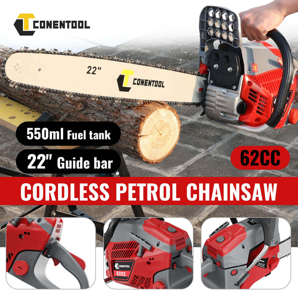 Conentool 2.5kW 2-Stroke 62CC Engine Petrol Chainsaw, With 22-inch Metal Chainsaw Blade And 550ml Large Capacity Fuel Tank