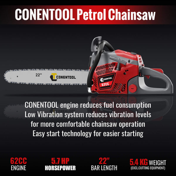 Conentool 2.5kW 2-Stroke 62CC Engine Petrol Chainsaw, With 22-inch Metal Chainsaw Blade And 550ml Large Capacity Fuel Tank