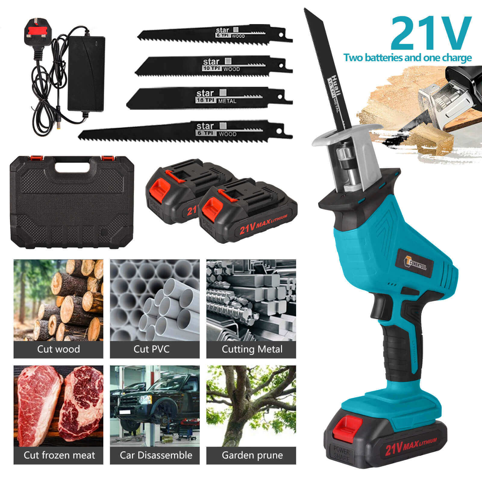 21V Cordless Reciprocating Saw With Rechargeable Batteries, 4X Saw B  CONENTOOL