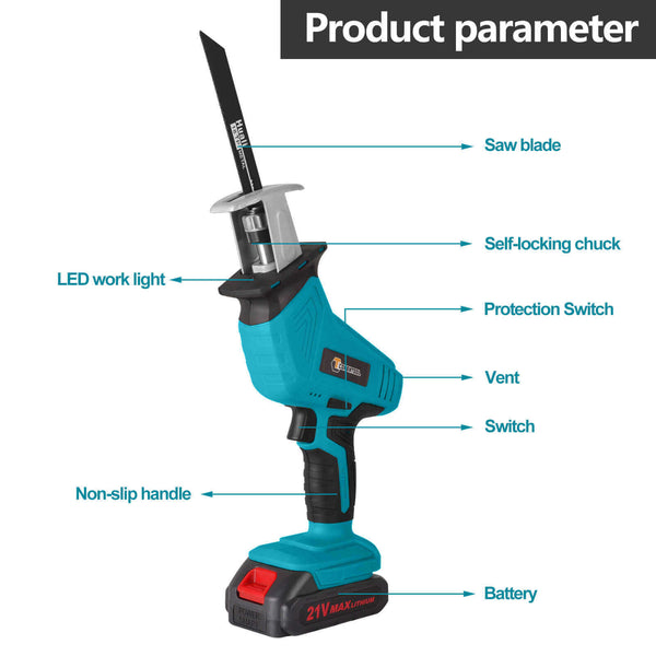 21V Cordless Reciprocating Saw With 2 Rechargeable Batteries, 4X Saw Blades | CONENTOOL