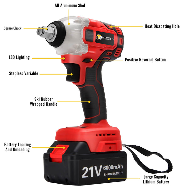 21V Cordless Impact Wrench, 6000mah Powerful Brushless Motor  | CONENTOOL