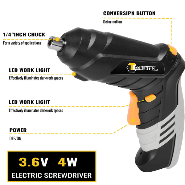Cordless Screwdriver | CONENTOOL 3.6V Electric Drill | Household Battery Rechargeable Drill Driver Power | 46pcs Accessories, Multipurpose, with LED Light