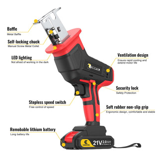 21V 2000mAh Cordless Reciprocating Saw, With 2 Rechargeable Battery, LED Lighting | CONENTOOL