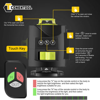 CONENTOOL 4D Cross Line Laser Level | Green Beam Self-Leveling Lasers Tools | Horizontal and Vertical Line, LCD Screen & Bluetooth Remote Control , 2 Battery & Portable Case