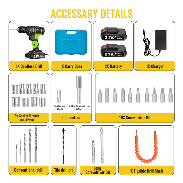 Cordless Green Impact Drill with 2 Rechargeable Battery  with 2 Speeds 21V  | CONENTOOL