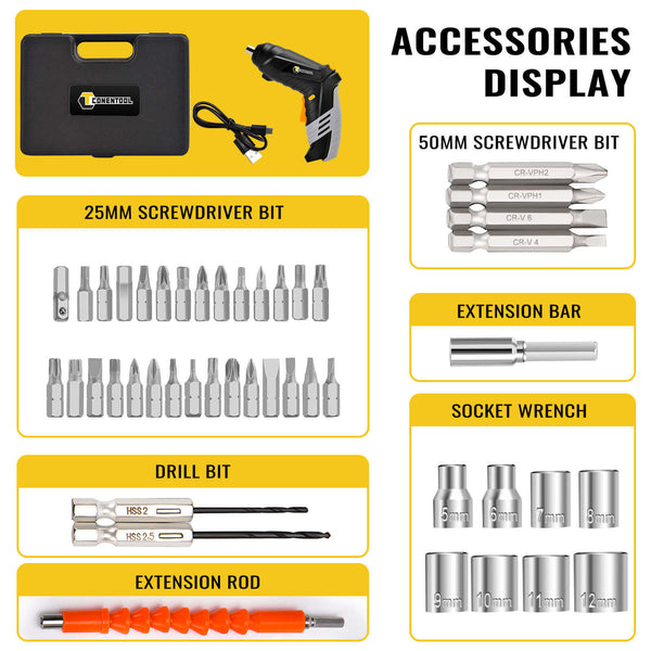 Cordless Screwdriver | CONENTOOL 3.6V Electric Drill | Household Battery Rechargeable Drill Driver Power | 46pcs Accessories, Multipurpose, with LED Light
